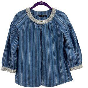 Massimo Dutti Blue‎ White Stripe Blouse with Embroidery Details Size S